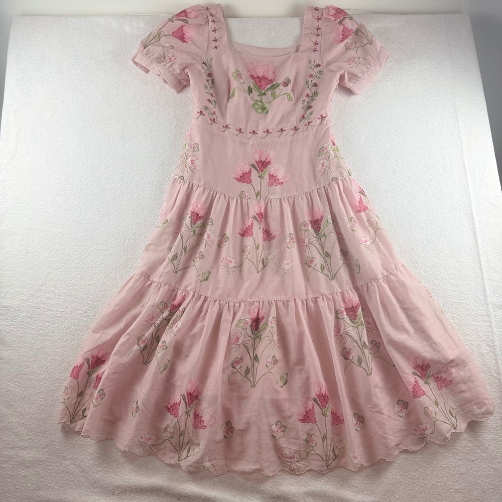 Pink Floral Embroidered Puff Sleeve Tiered Midi Dress Square Neck Scallop Hem L
